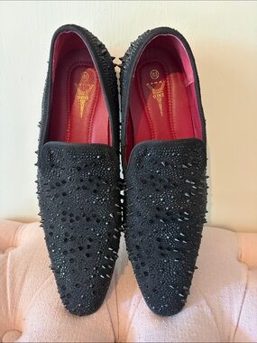 Enzo Romeo Men's Black Crystal-and Spike Embellished Slip-On Loafers -Sz 10.5